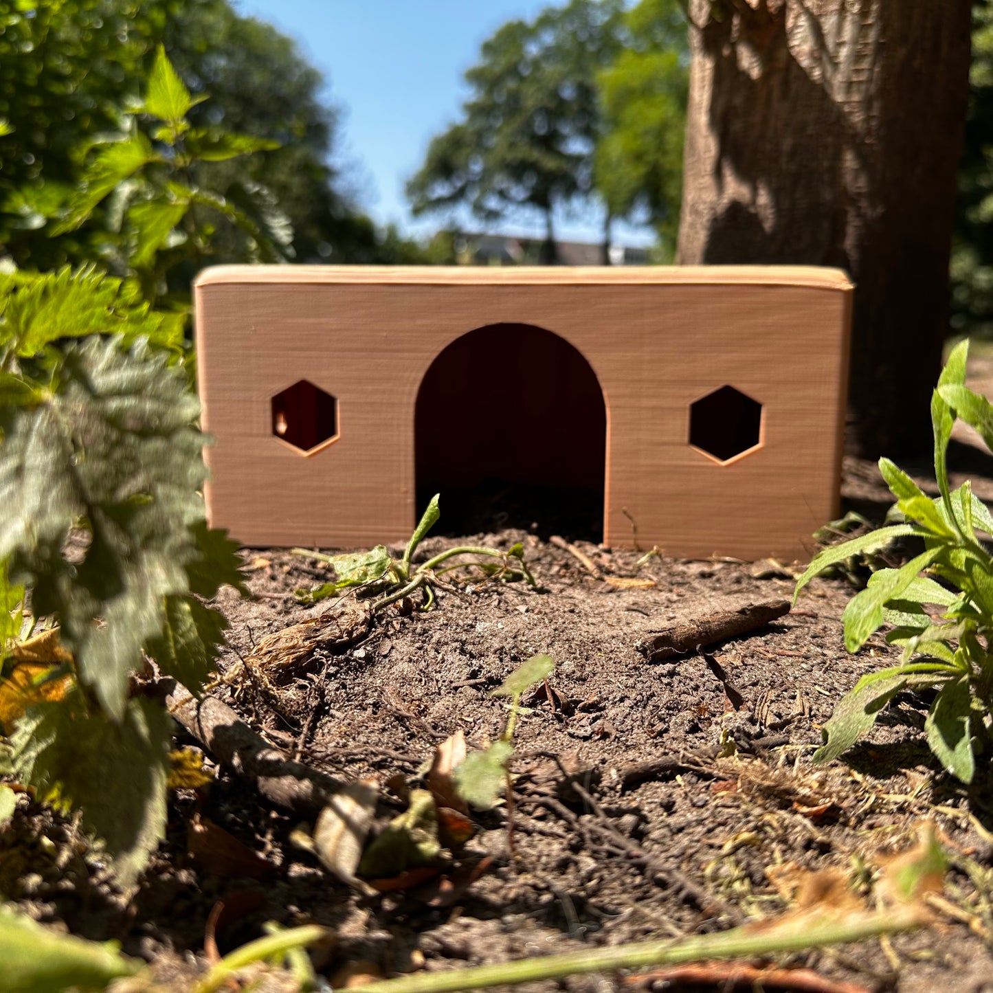 HexaHouse van houtkleurig PLA, geplaatst in een natuurlijke buitenomgeving – 3D-geprint knaagdierhuisje met zeshoekige ramen.