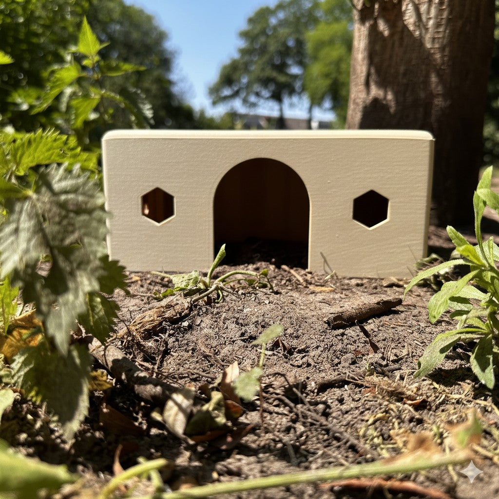 HexaHouse van houtkleurig PLA, geplaatst in een natuurlijke buitenomgeving – 3D-geprint knaagdierhuisje met zeshoekige ramen.